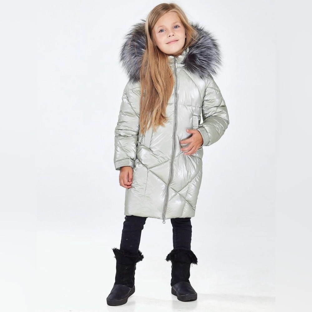 Vimonte Silver Puffer Coat with Fur Hood